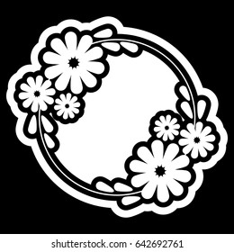 Black and white silhouette round frame with decorative flowers. Vector clip art