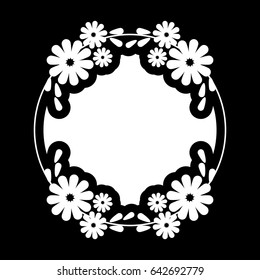 Black and white silhouette round frame with decorative flowers. Vector clip art