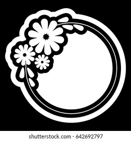 Black and white silhouette round frame with decorative flowers. Vector clip art