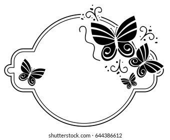 Black and white silhouette round  frame with butterflies. Vector clip art.