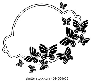 Black and white silhouette round frame with butterflies. Vector clip art.