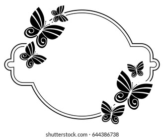 Black and white silhouette round  frame with butterflies. Vector clip art.