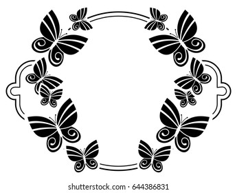 Black White Silhouette Round Frame Butterflies Stock Vector (Royalty ...