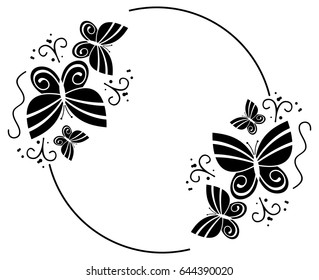 Black and white silhouette round frame with butterflies. Vector clip art.