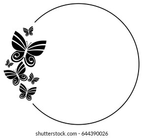 Black and white silhouette round frame with butterflies. Vector clip art.