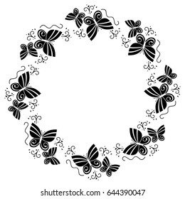 Black and white silhouette round frame with butterflies. Vector clip art.