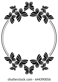 Black and white silhouette round frame with butterflies. Vector clip art.