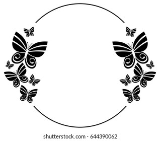 Black and white silhouette round frame with butterflies. Vector clip art.