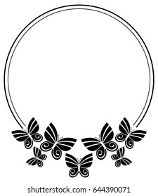 Black and white silhouette round frame with butterflies. Vector clip art.