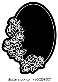 Black and white silhouette round frame with decorative flowers. Vector clip art