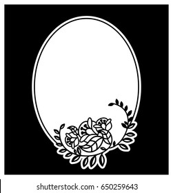 Black and white silhouette round frame with decorative flowers. Vector clip art