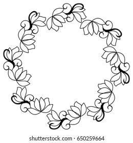 Black and white silhouette round frame with decorative flowers. Vector clip art