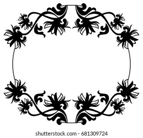 Black and white silhouette round frame with decorative flowers. Vector clip art.
