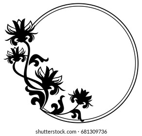 Black and white silhouette round frame with decorative flowers. Vector clip art.