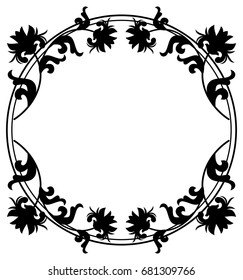 Black and white silhouette round frame with decorative flowers. Vector clip art.