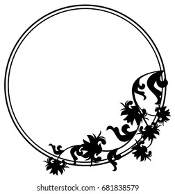 Black and white silhouette round frame with decorative flowers. Vector clip art.