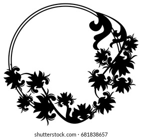 Black and white silhouette round frame with decorative flowers. Vector clip art.