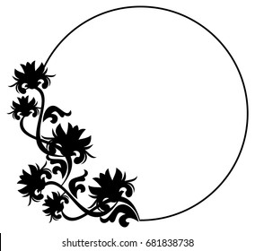 Black and white silhouette round frame with decorative flowers. Vector clip art.