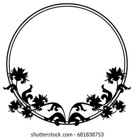 Black and white silhouette round frame with decorative flowers. Vector clip art.