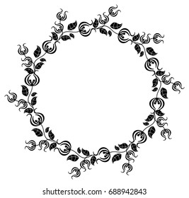 Black and white silhouette round frame with decorative flowers. Vector clip art.