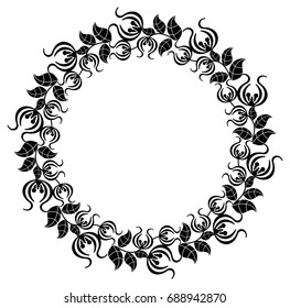 Black and white silhouette round frame with decorative flowers. Vector clip art.