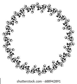 Black and white silhouette round frame with decorative flowers. Vector clip art.