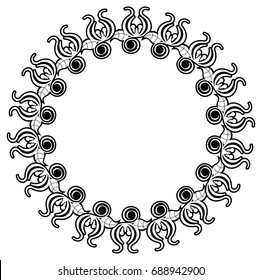 Black and white silhouette round frame with decorative flowers. Vector clip art.