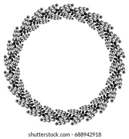 Black and white silhouette round frame with decorative flowers. Vector clip art.