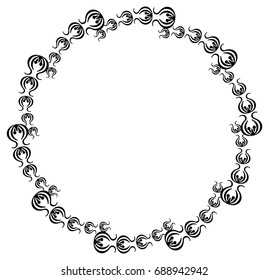 Black and white silhouette round frame with decorative flowers. Vector clip art.