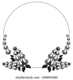Black and white silhouette round frame with decorative flowers. Vector clip art.