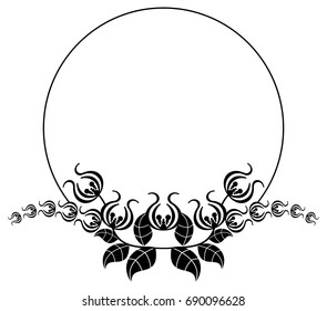 Black and white silhouette round frame with decorative flowers. Vector clip art.