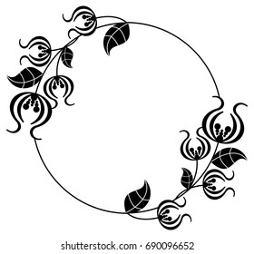 Black and white silhouette round frame with decorative flowers. Vector clip art.