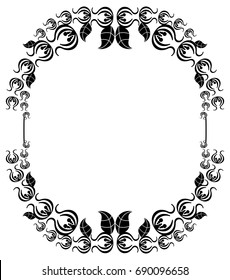 Black and white silhouette round frame with decorative flowers. Vector clip art.