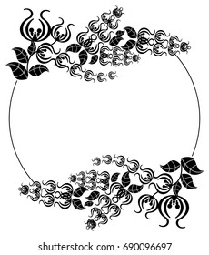 Black and white silhouette round frame with decorative flowers. Vector clip art.