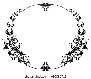 Black and white silhouette round frame with decorative flowers. Vector clip art.
