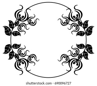 Black and white silhouette round frame with decorative flowers. Vector clip art.