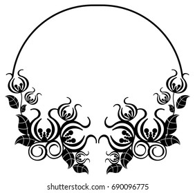 Black and white silhouette round frame with decorative flowers. Vector clip art.