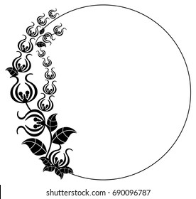 Black and white silhouette round frame with decorative flowers. Vector clip art.