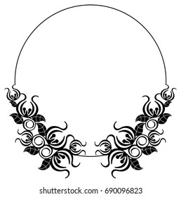 Black and white silhouette round frame with decorative flowers. Vector clip art.