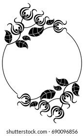 Black and white silhouette round frame with decorative flowers. Vector clip art.