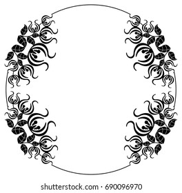 Black and white silhouette round frame with decorative flowers. Vector clip art.