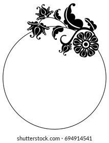 Black and white silhouette round frame with decorative flowers. Vector clip art.