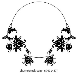 Black and white silhouette round frame with decorative flowers. Vector clip art.