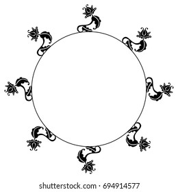Black and white silhouette round frame with decorative flowers. Vector clip art.