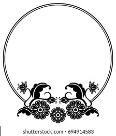 Black and white silhouette round frame with decorative flowers. Vector clip art.