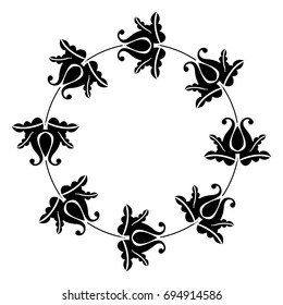 Black and white silhouette round frame with decorative flowers. Vector clip art.