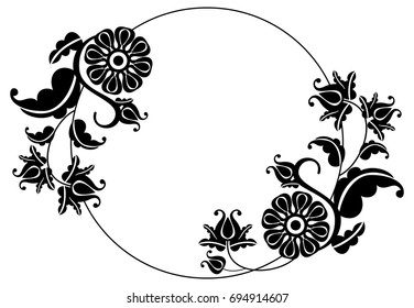 Black and white silhouette round frame with decorative flowers. Vector clip art.