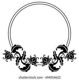 Black and white silhouette round frame with decorative flowers. Vector clip art.