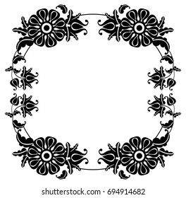 Black and white silhouette round frame with decorative flowers. Vector clip art.