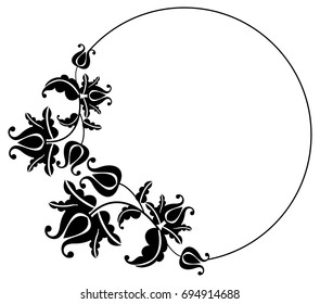 Black and white silhouette round frame with decorative flowers. Vector clip art.